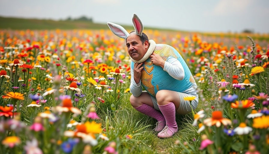 Quirky man in globe costume with rabbit slippers amid flowers