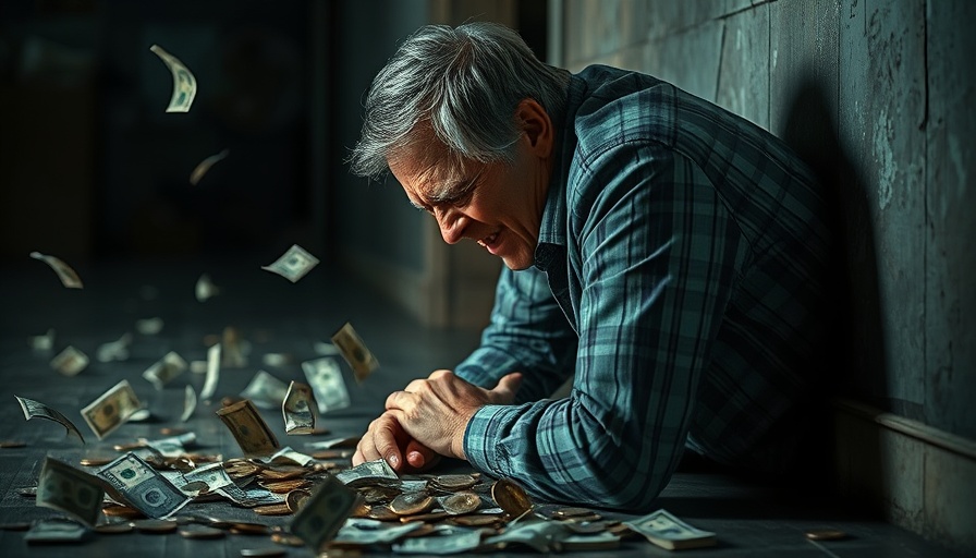 Distressed man surrounded by money symbolizes life insurance mistakes.