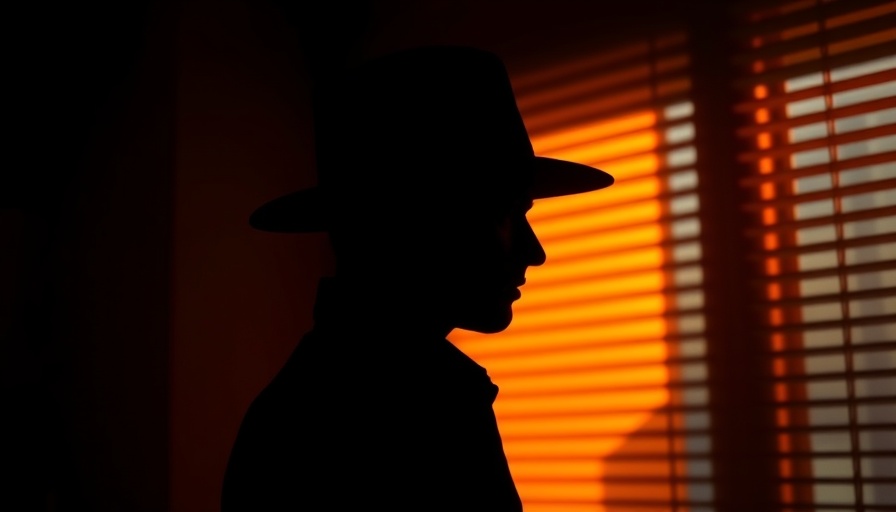 Mysterious silhouette with fedora under warm light through blinds.