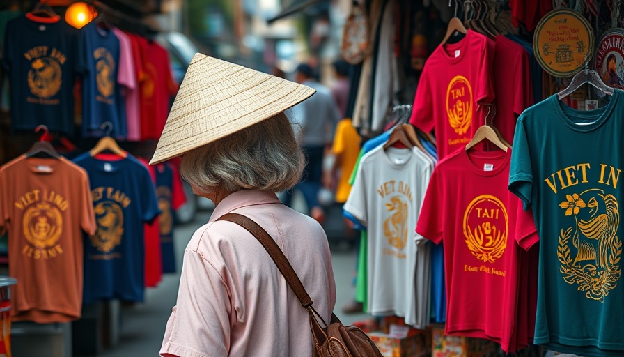 Traditional Vietnamese market scene with T-shirts display.