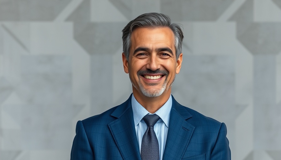 Middle-aged man smiling confidently against a geometric gray background, retirement planning.