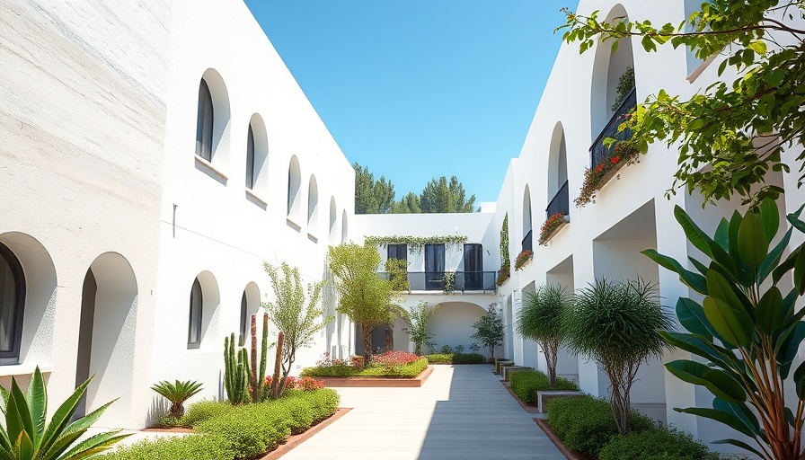 Modern garden tips setting with white buildings and green courtyard.