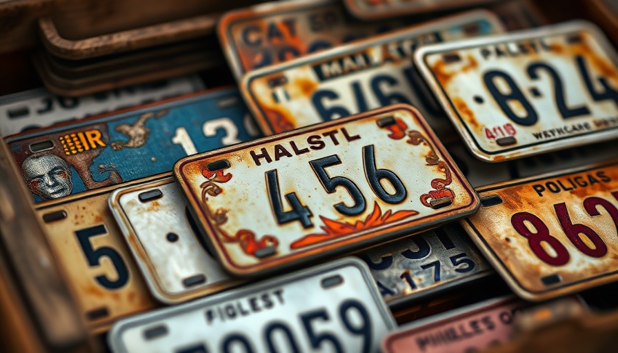 Collection of old license plates in a crate, dispose of old license plates safely.