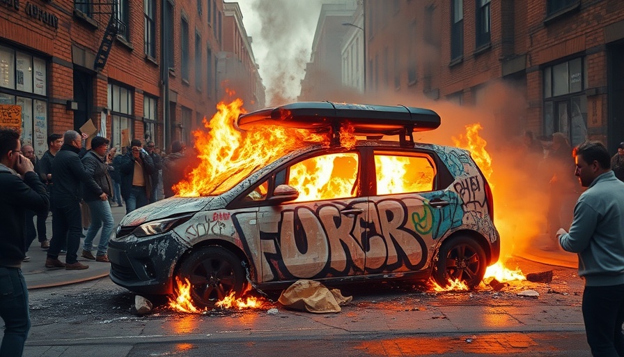 Waymo autonomous vehicle covered in graffiti amid protest flames.