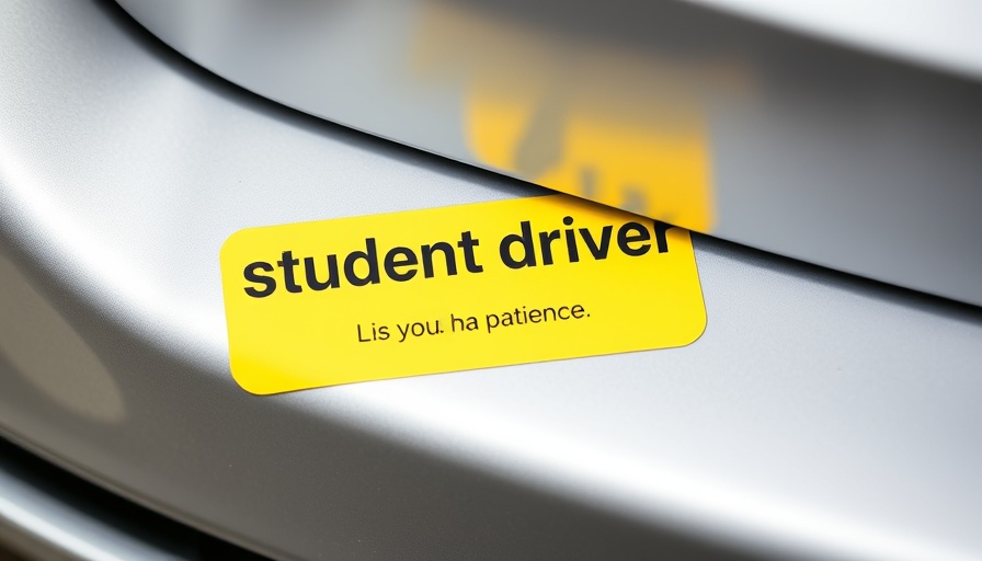Student driver sticker on car bumper encouraging patience.