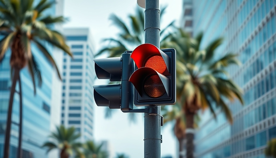Horizontal traffic lights with red signal in city.