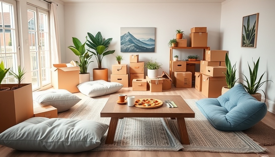 Moving day essentials in a new home, pizza on boxes.