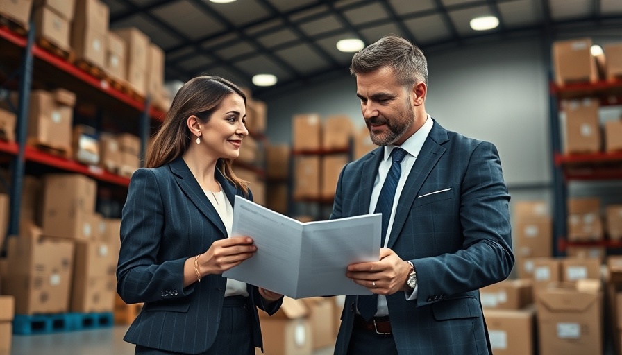 Business professionals in a warehouse discussing finance.
