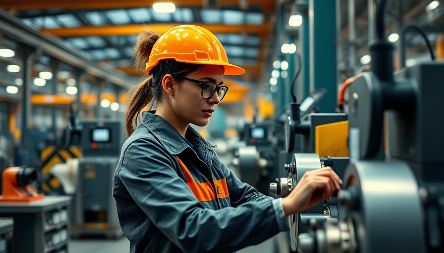Female engineer in factory working with machinery, hazard insurance context.