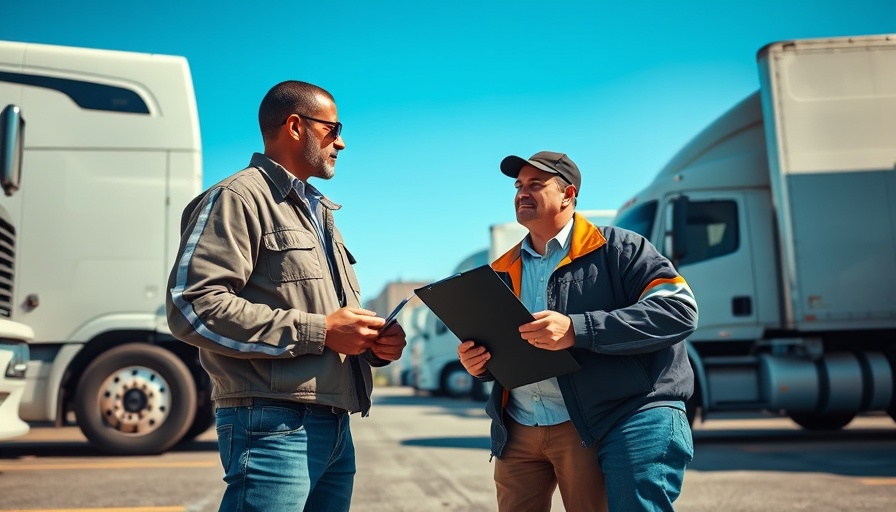 Truck drivers discussing logistics, related to trucking business loans.