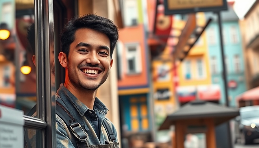 Smiling worker cleaning storefront in an urban setting. Long-term business loans 2025.
