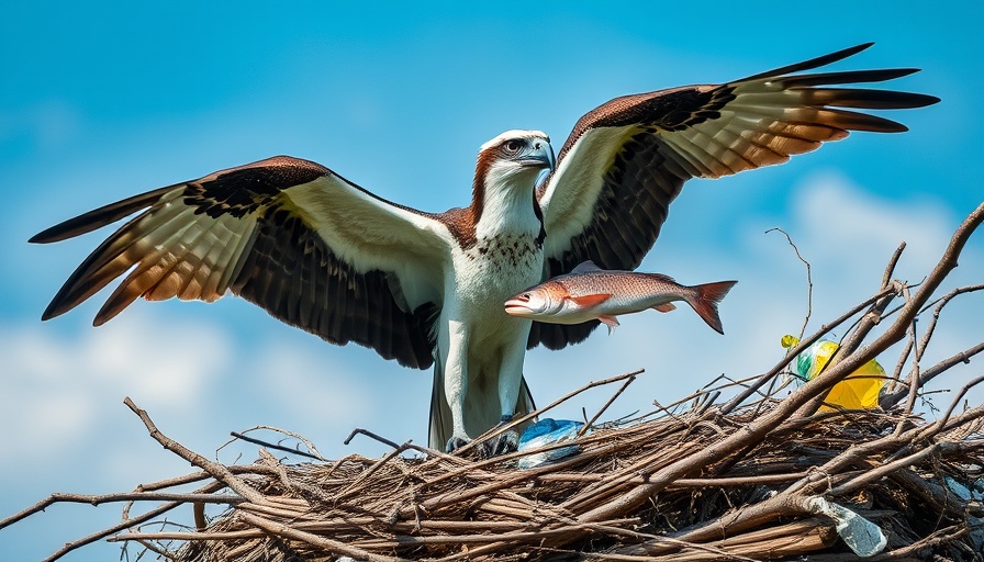 Osprey landing on nest with fish and plastic, highlighting microplastics contamination impact on birds.