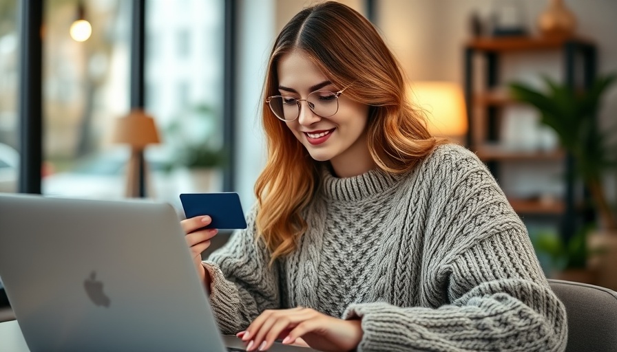 Woman using laptop with credit card, highlighting good debt and bad debt.