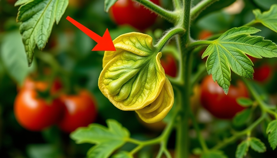 Curled tomato leaves on plant, indicating stress or disease.