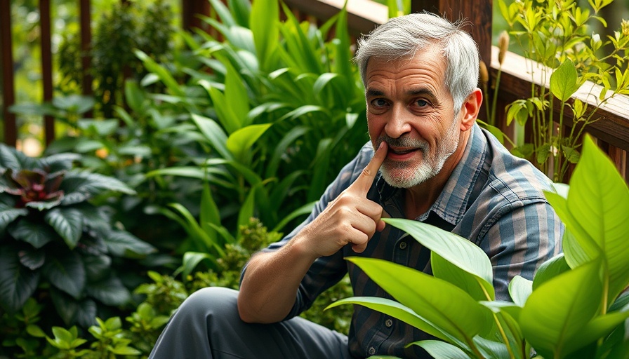 Man revealing secrets about garden centers, surrounded by plants.
