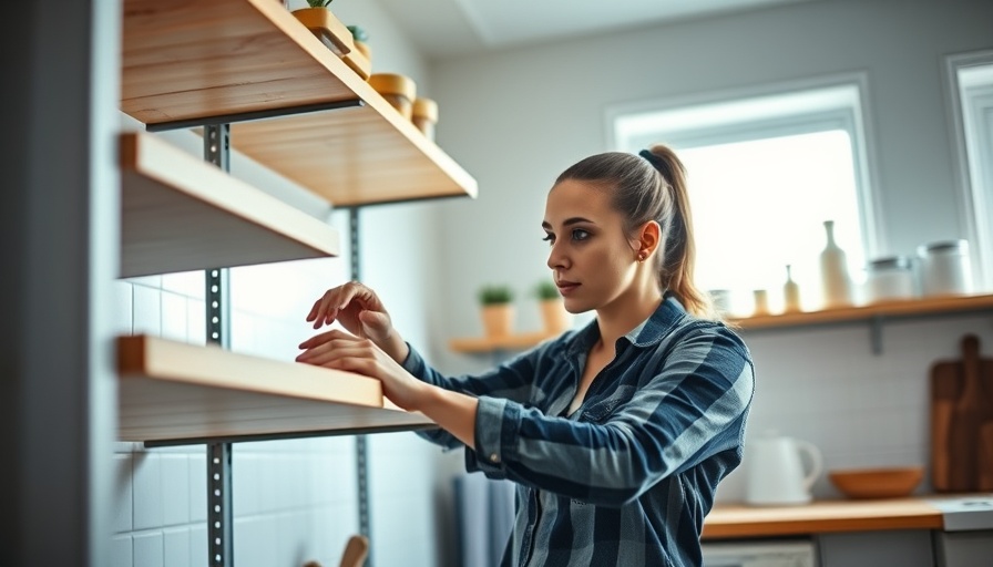 Woman building pantry shelves during kitchen remodel.