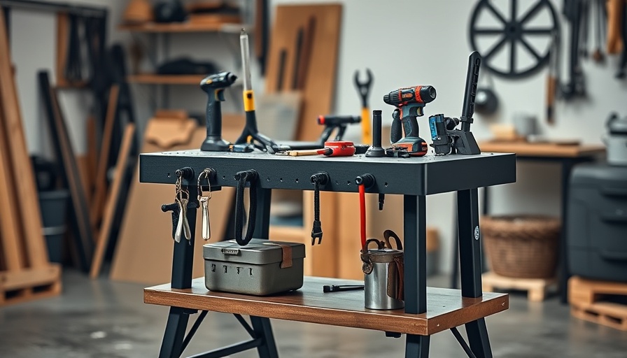 Compact portable folding workbench for home renovation setup in a workshop.