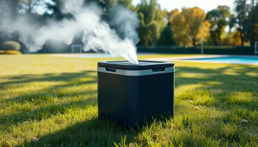 Compact portable sports cooler misting on a grassy field.