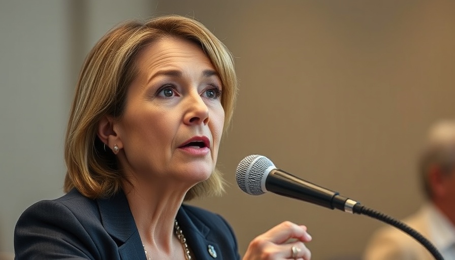 Middle-aged woman discussing local public health funding cuts at a conference.