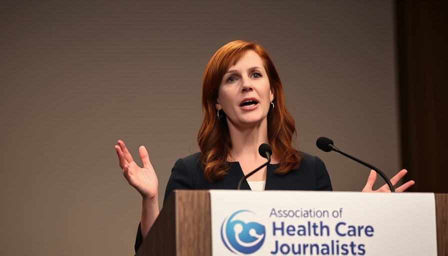 Engaged woman speaks at healthcare journalism podium about maternity care access.