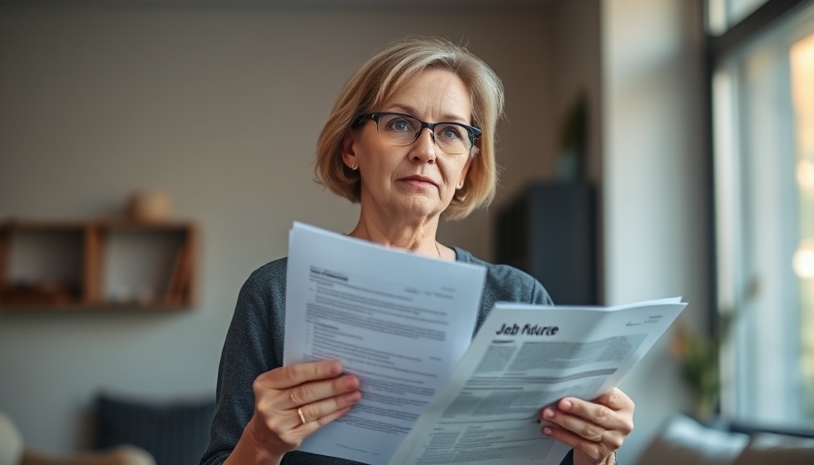 Middle-aged woman with job papers, contemplating Medicaid and SNAP cuts impact on job losses.