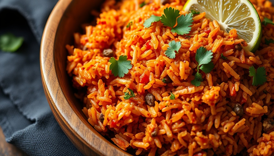 Delicious Tex Mex rice recipe garnished with lime and herbs.