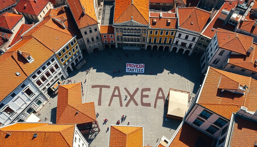 Aerial view of Venice square with protest sign on wedding tax.