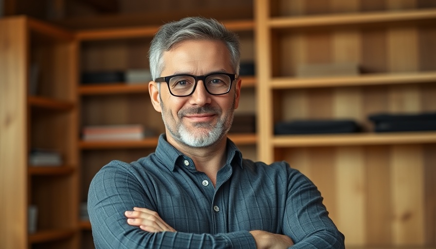 Confident middle-aged man in glasses standing against wooden shelves.