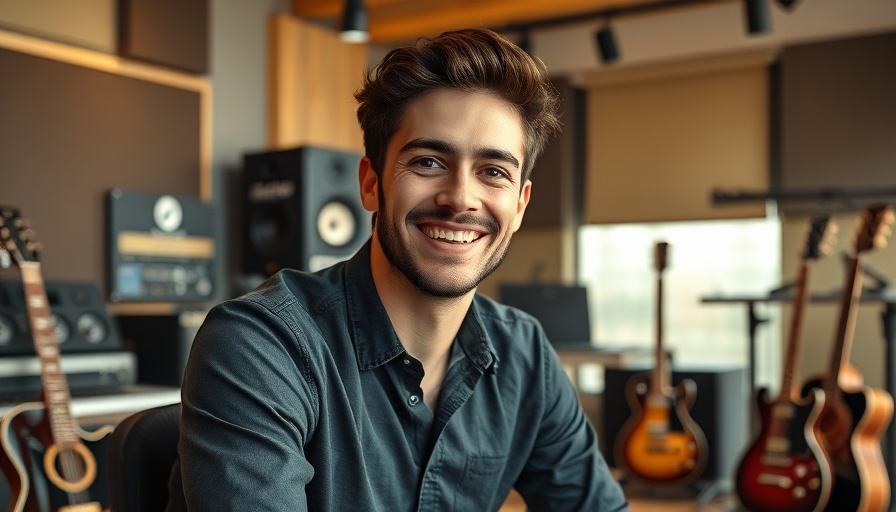 Person in a recording studio with audio equipment and guitars, illustrating Suno's acquisition of WavTool for audio technology.