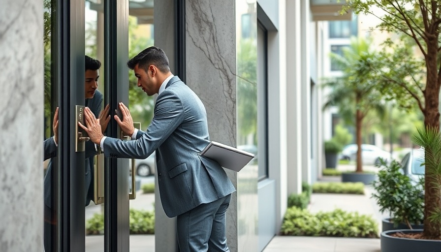 Man in suit knocking on door, representing debt collector visit.