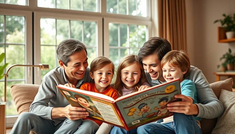 Family bonding over a book in a warm, sunlit living room.