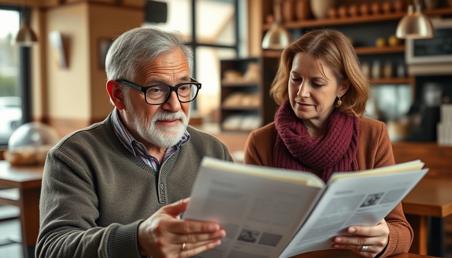 Elderly man reads papers with supportive woman in bright cafe.