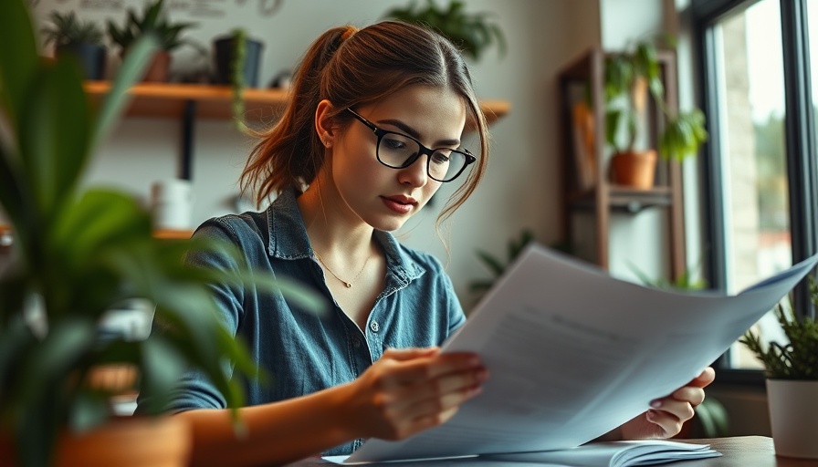 Young woman focused on business documents in a cafe setting.