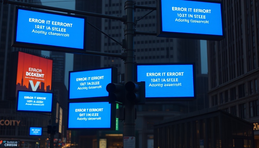 City billboards showing error messages at night, Black Screen of Death Windows context.