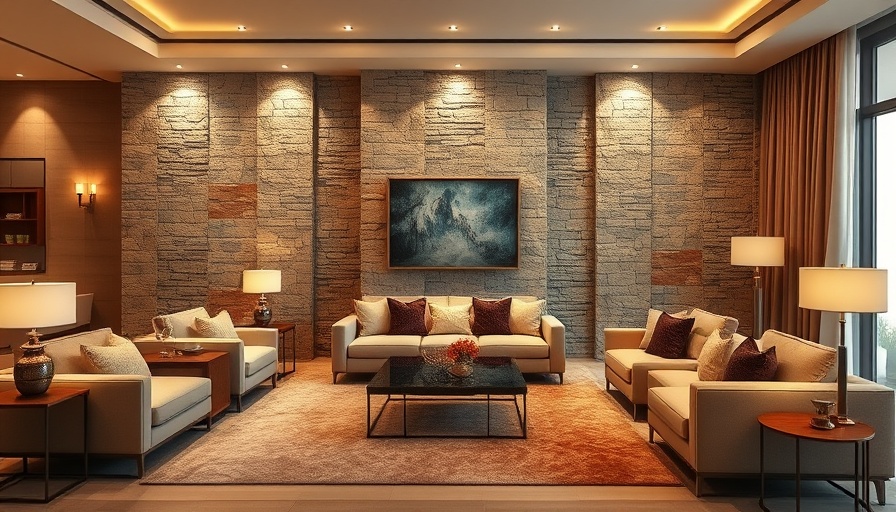 Modern living room with stone accent wall and luxurious seating.