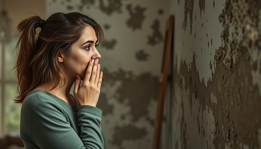 Concerned woman inspecting mold on a wall while buying a house