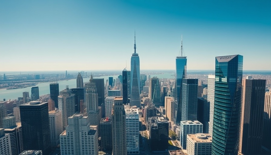 Aerial view of diverse skyscrapers by waterfront, highlighting urban development.