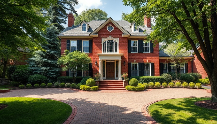 Elegant brick house with lush landscaping, illustrating property lines.