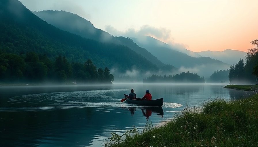 Serene river at dusk with canoe; Salween River landscape.