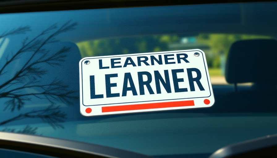 Learner plate on car window reflecting trees under daylight, highlighting significance.