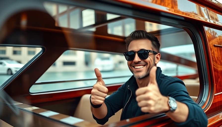 Man in sunglasses gives thumbs up in luxury boat relating to prenuptial agreement.