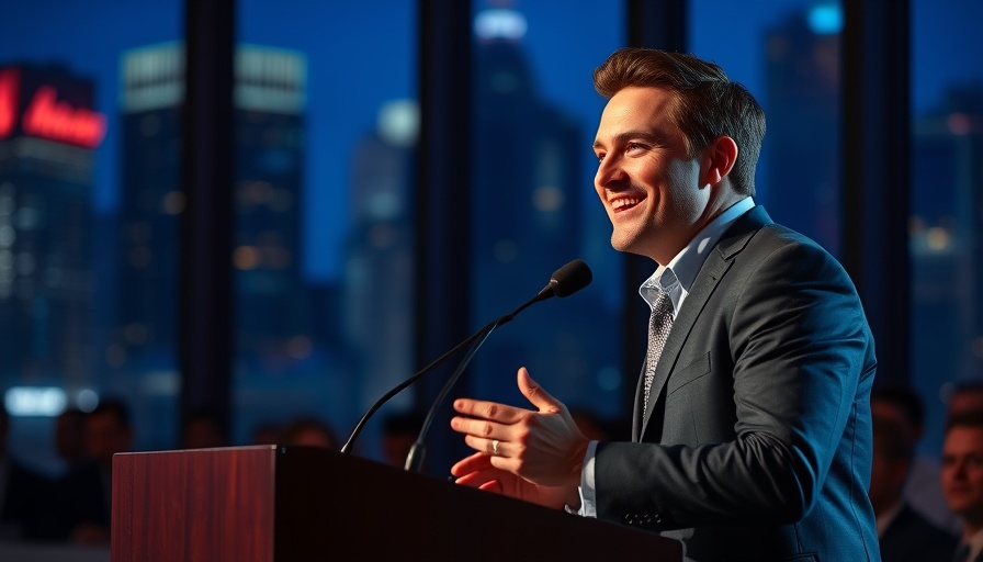 Business leader speaking at NYC event, warm cityscape backdrop.