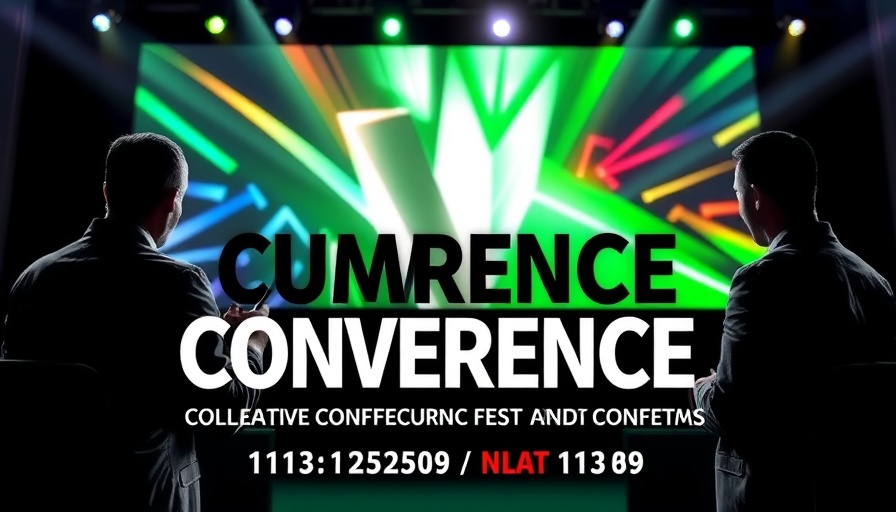Dynamic business conference promo with speaker portraits and event details.