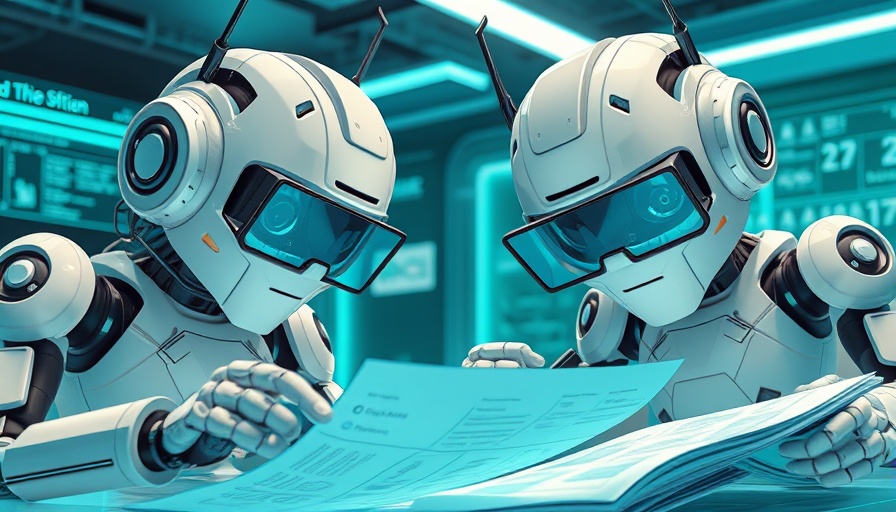Futuristic robots analyzing documents in a digital space, related to business startup funding.