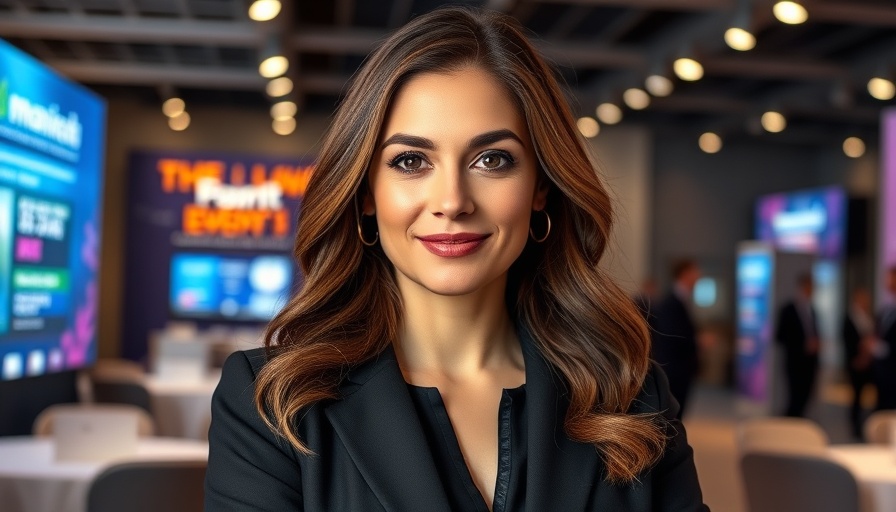 Confident businesswoman at business startup funding event with logos and details.
