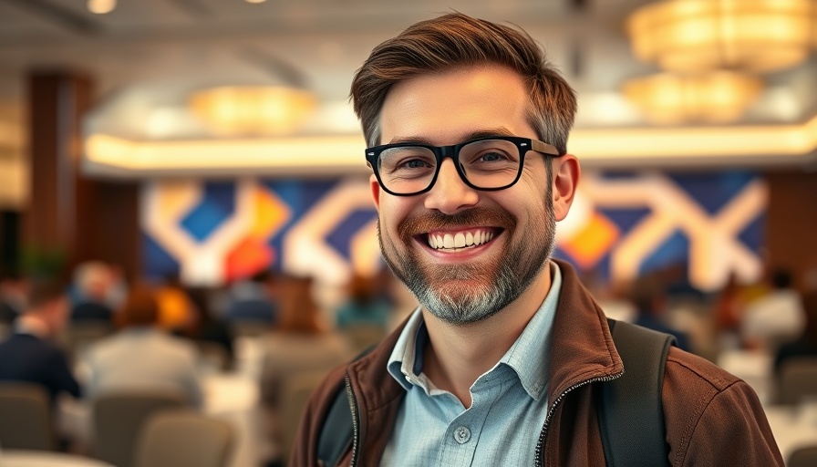 Casually dressed man smiling, 'how to start a business' event details, colorful background.