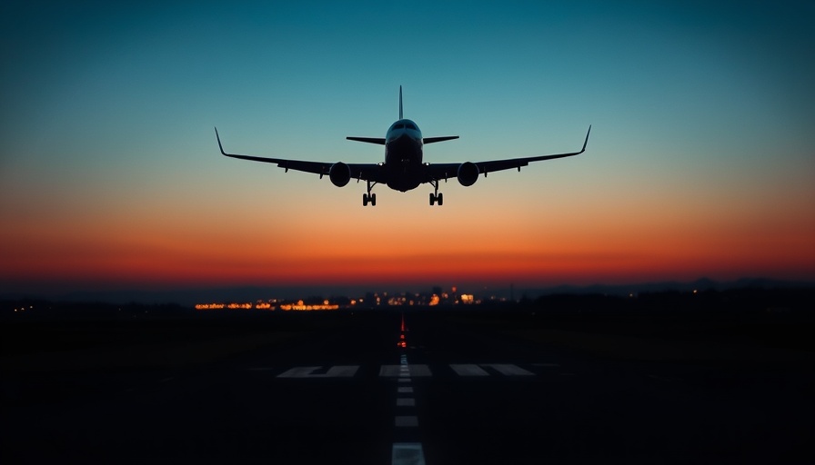 Silhouette of an airplane over a runway during evening twilight.
