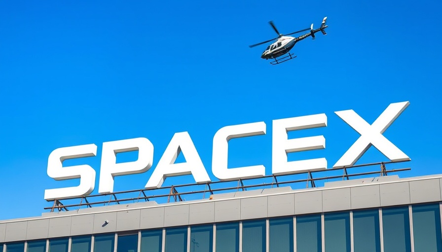 SpaceX sign with helicopters overhead, clear sky.