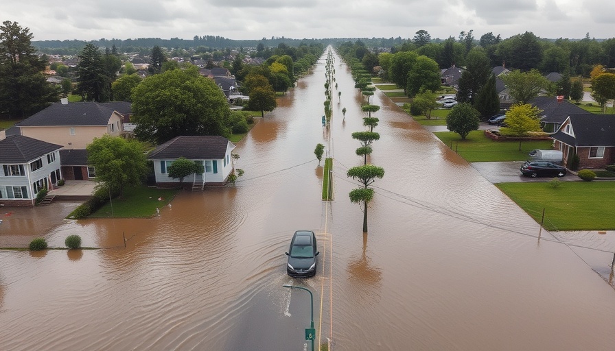 Flooded suburban street with cars partially submerged, illustrating buying a house in a flood zone.