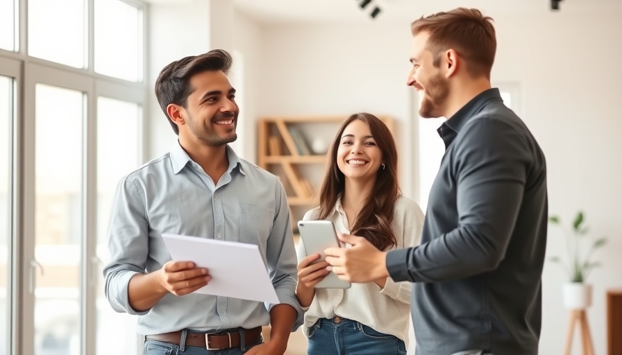 Real estate agent showing apartment to couple, pondering how many houses to look at before buying.